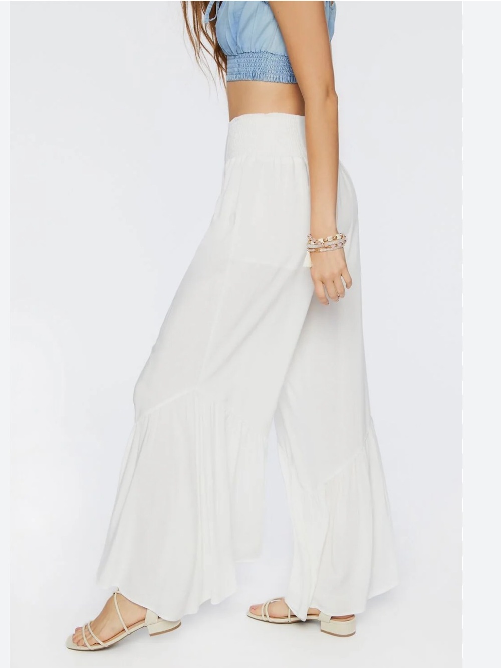 White Tiered Wide-Leg Palazzo Pants Lined Large Resortwear Loose Boho